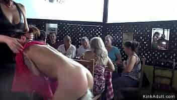 Euro brunette babe bangs in crowded public restaurant terrace video