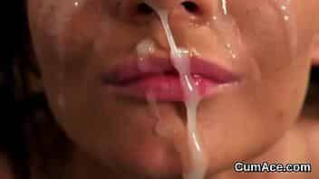 Naughty stunner gets cumshot on her face sucking all the cream video