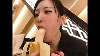 Japanese woman YouTuber's sweet blowjob onto a banana with a condom and talk session video